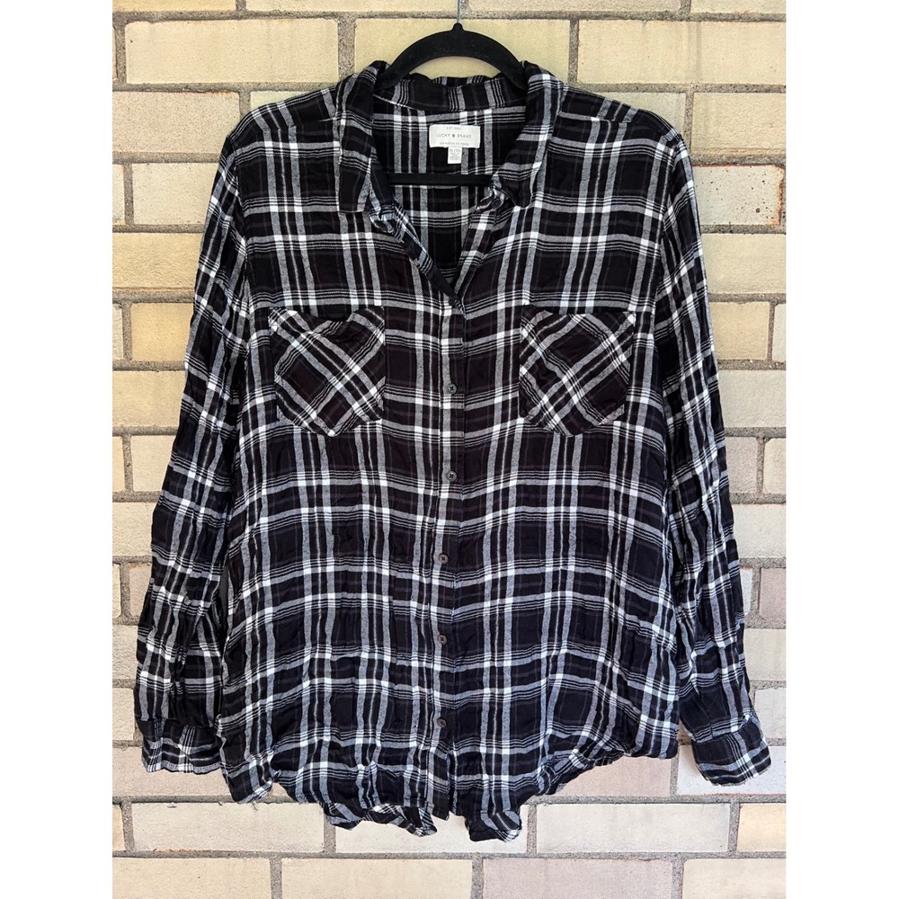 Lucky Brand Plaid Split Back Flannel Button Down Shirt Black White Size XL Modal